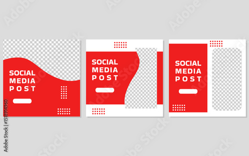 Three red and white social media post templates with checkered backgrounds.