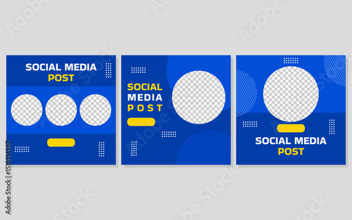 Three blue social media post templates with yellow accents.