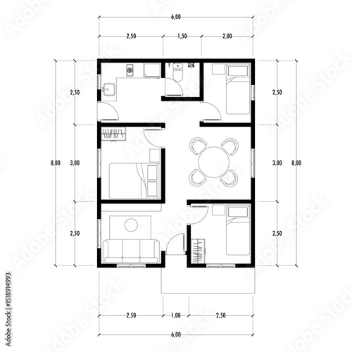 Black and White floor plan of a modern unfurnished house for your design. Suburban house vector blueprint. Architectural background.	