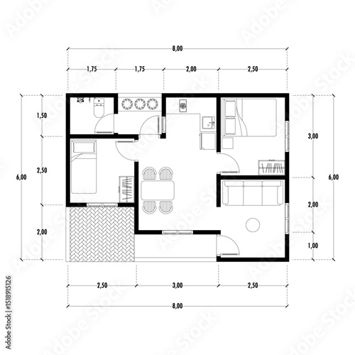 Black and White floor plan of a modern unfurnished house for your design. Suburban house vector blueprint. Architectural background.	