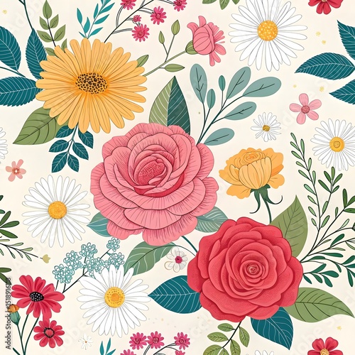 “Vintage seamless pattern of pink roses and green leaves on a light background.”