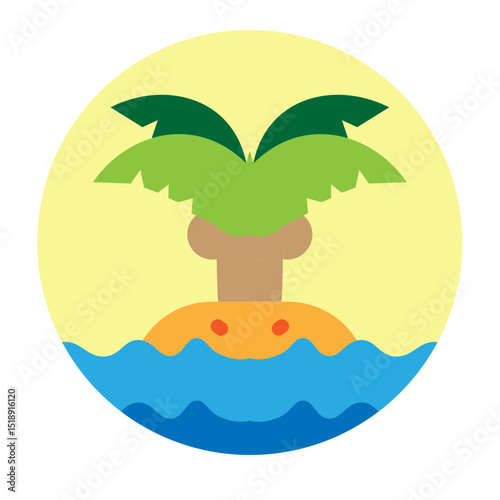 Desert Island with Palm Tree Vector Flat Icon Design