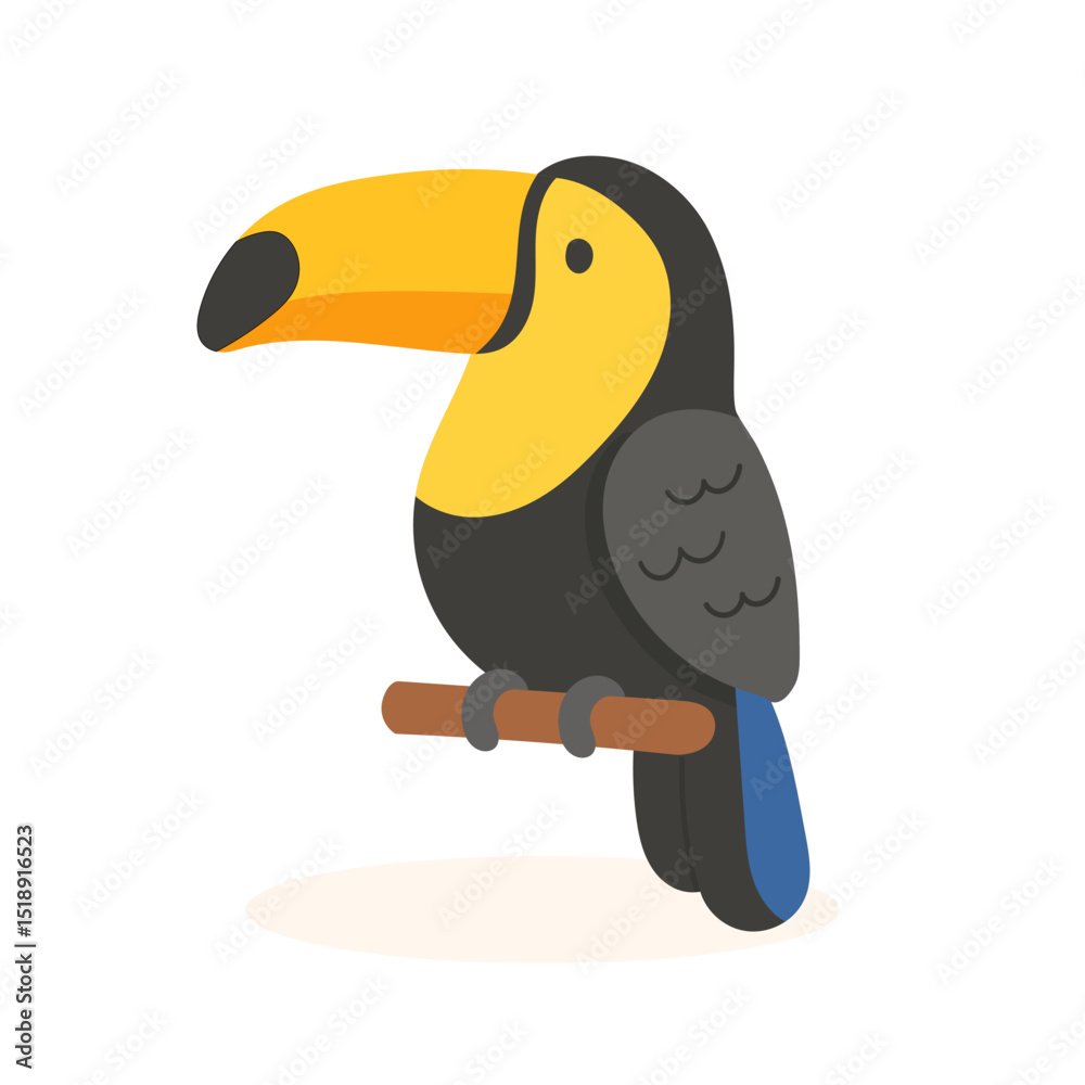 Naklejka premium Colorful cartoon toucan bird with giant yellow beak sitting on branch, toucan perfect for tropical wildlife content, zoo designs, or children s educational visuals.