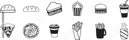 Fast Food and Snack Icon Collection: Monochrome Graphics for Restaurant, Cafe, and Takeaway Business Projects.
