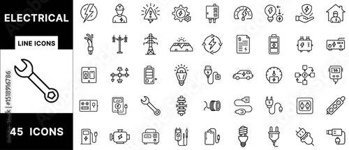 Electrical and Energy Line Icons Bundle Featuring Power Supply, Solar Panel, Battery, Cable, Circuit, Charger, Light Bulb, Socket, and Tools