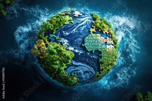 metaphorical earth made of puzzle with ecology and pollution symbols, split visual concept