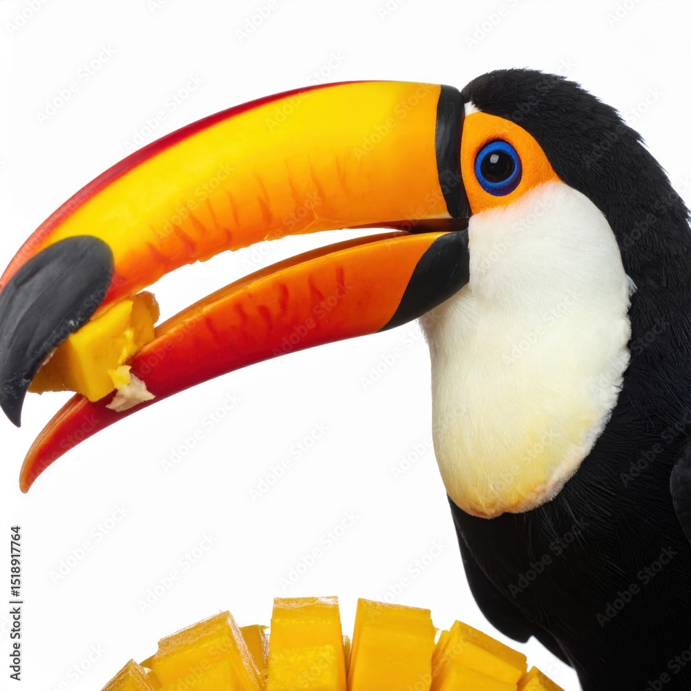 Obraz premium Close-up captures a vibrant toucan with bright plumage, perched against a white background, savo a piece of fresh, succulent mango in its large beak.