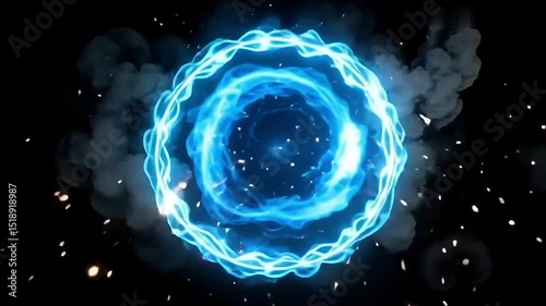 Futuristic Energy Portal with Blue Smoke and Lightning Sparks on Black Background – Sci-Fi Magic Circle Vortex Animation Art