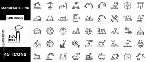 Manufacturing Line Icon Pack Featuring Robotic Arms, Conveyor Belts, Factories, Engineers, Gears, Warehouses, Tools, Automation, Production Lines, and Logistics