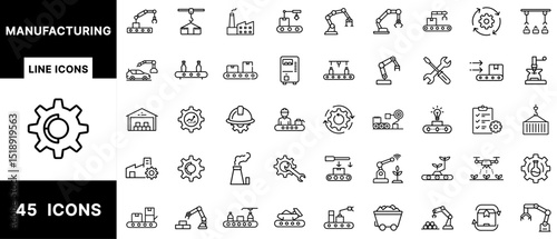 Manufacturing Line Icon Pack Featuring Robotic Arms, Conveyor Belts, Factories, Engineers, Gears, Warehouses, Tools, Automation, Production Lines, and Logistics