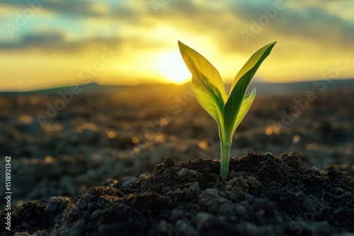 Light bulb embedded in soil, green leaves growing out, sunrise in background