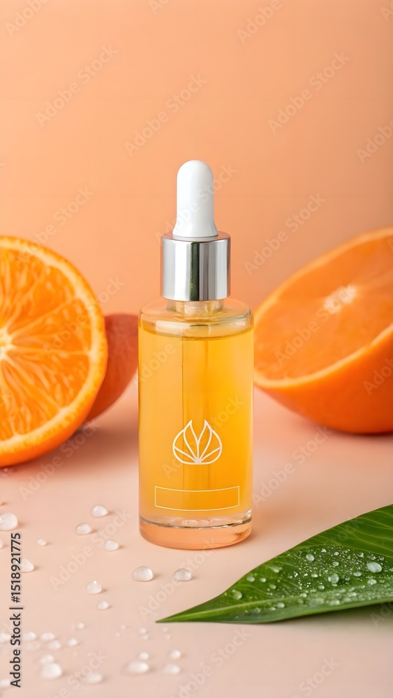 Eye-catching facial essence bottle mockup displayed on a pastel orange background, combining vibrant packaging with soft tones for appealing skincare branding. Eye-catching facial essence bottle mockup displayed on a pastel orange background, combining vibrant packaging with soft tones for appealing skincare branding.