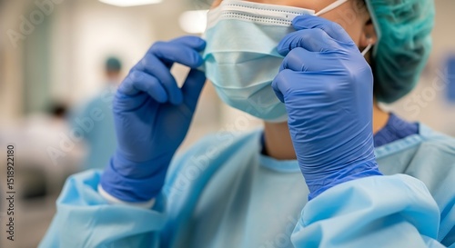 Healthcare Professional Putting on Protective Face Mask and Gloves