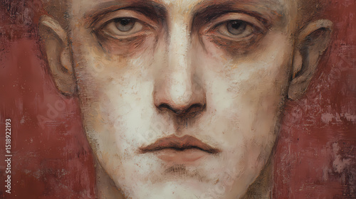 fine art gallery print | artistic solitude | timeless gaze | pale rose and umber | vertical axis centering | symmetrical heads | closed almond eyes | dry pigment application | studio melancholy |