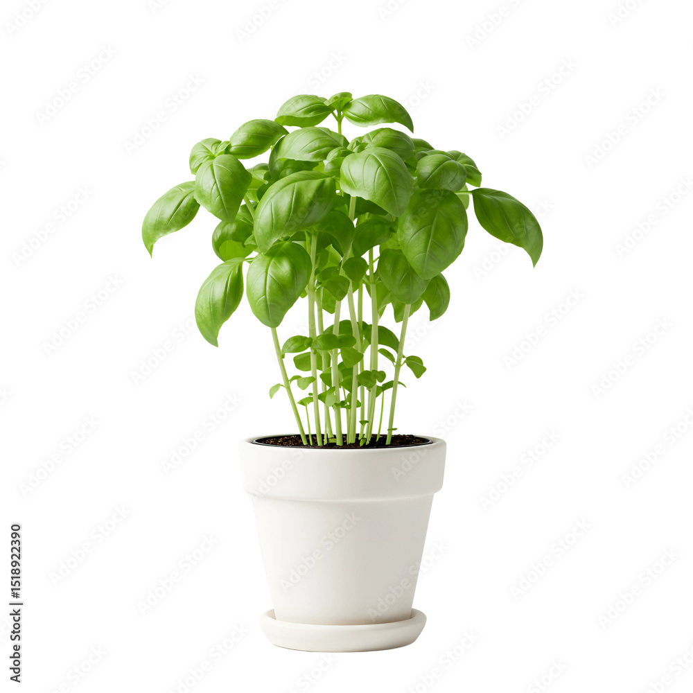 Fototapeta premium Fresh basil plant in pot top view isolated on transparent background