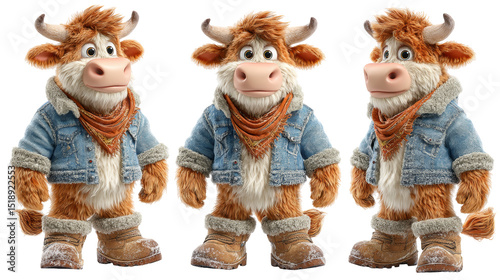 Animated Character of a Cute Cow in Denim Jacket and Boots, Standing Proudly