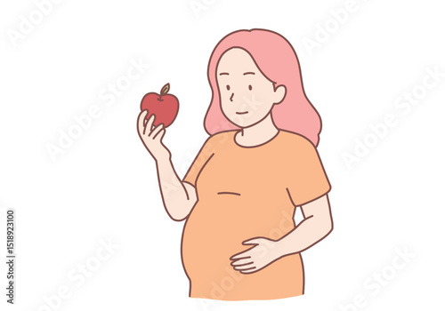 Happy pregnancy process and expectation concept. Happy young pregnant woman. whole apple healthy food. Hand drawn style vector design illustrations.