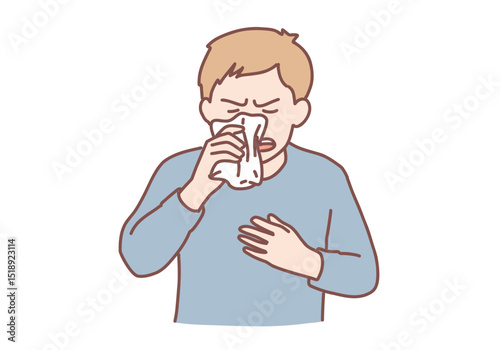 Allergy reaction, medicine and healthcare concept. Man having pollen allergy with Runny nose and watery eye. Hand drawn style vector design illustrations.