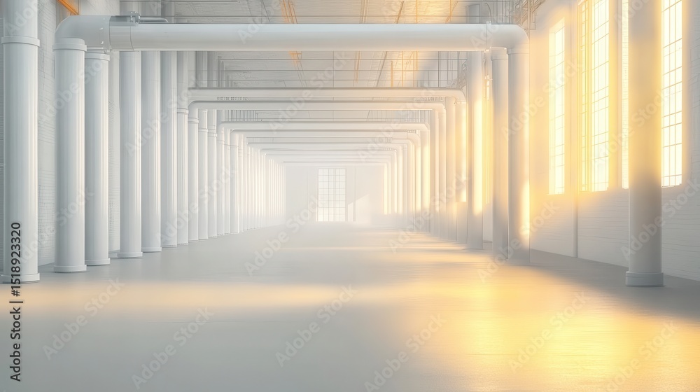 Fototapeta premium Sunlit Industrial Interior Columns Pipes and Sunlight