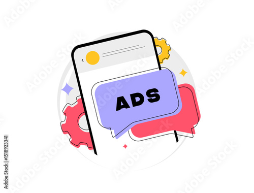 Online messenger ads, sponsored messages in public channels, bulk SMS campaigns. Automated chatbot marketing with targeted ad messaging. Mobile advertising and messenger marketing vector illustration