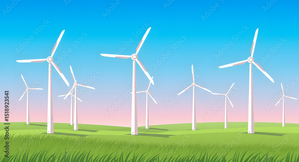 Wind turbines generate renewable energy in a green field under a blue sky, an ecological landscape of alternative power Wind turbines generate renewable energy in a green field under a blue sky, an ecological landscape of alternative power