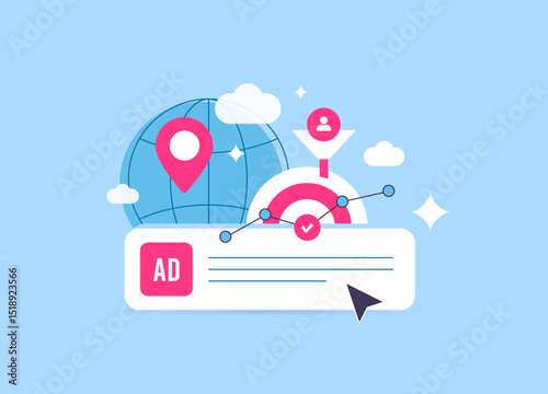 Targeted advertising and PPC concept with funnel, geolocation, global ad marketing strategy. User acquisition metrics for digital ppc ads performance. Targeted advertising strategy vector illustration