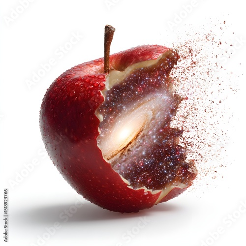 glowing galaxy core revealed inside red apple while splitting in air with star dust isolated on white background