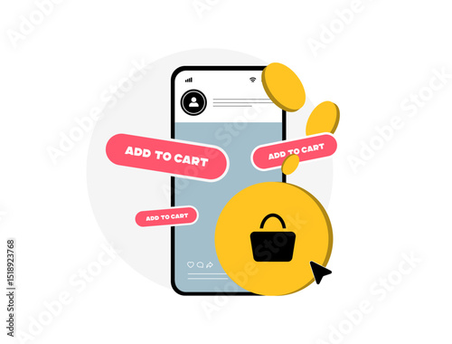 Social commerce concept. Social media shopping with add to cart icon. Mobile shopping experience buy now button, shoppable post, in-app purchases, mobile commerce, click to buy vector illustration
