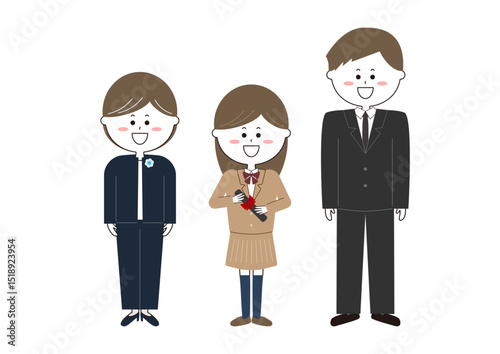 卒業式に行く父母と女の子のイラスト