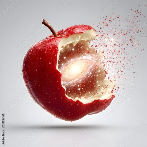 vivid red apple revealing starlit galaxy inside while breaking open mid-air isolated on white background