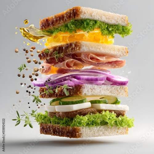ingredients of sandwich levitate upward in assembly order with soft glowing outlines isolated on white background