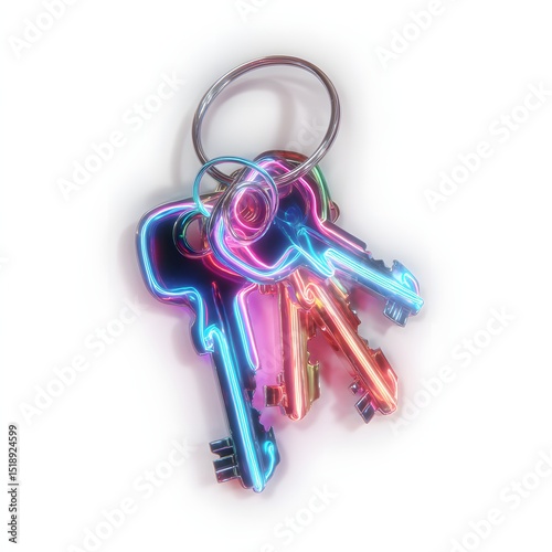 spinning keys suspended with bright color trails and motion glow isolated on white background