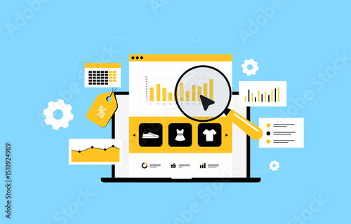 Ecommerce analytics dashboard with product data, shopping tags, graphs and magnifier on laptop screen. Performance tracking, digital retail and merchant center marketing strategy vector illustration