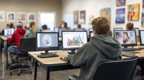 Digital Art Class in Progress: Students Focused on their Computer Screens