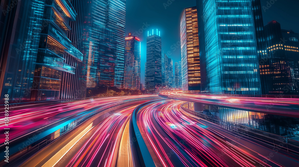 Obraz premium Neon-lit cityscape with fast-moving colorful light trails on a futuristic highway, representing urban speed, technology, and night life.