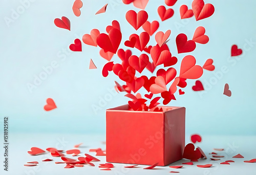 A red gift box overflowing with paper hearts expressing love and affection for valentine's day