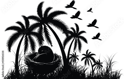 Silhouette of Palm Trees, Birds, and Sunset Landscape 