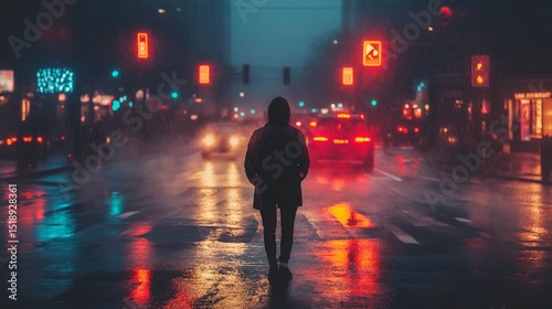 Rainy Night City Street Crossing
