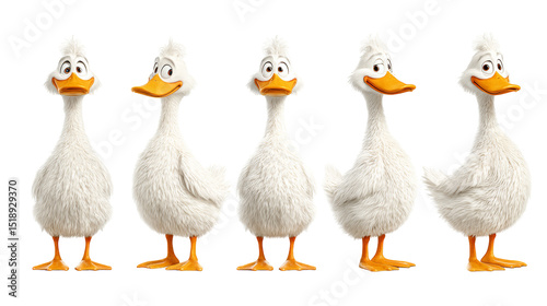 Playful Animated Ducks Showing Different Expressions and Poses in a Line-up