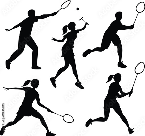 Silhouettes of badminton players in various poses with rackets and shuttlecock on a white background
