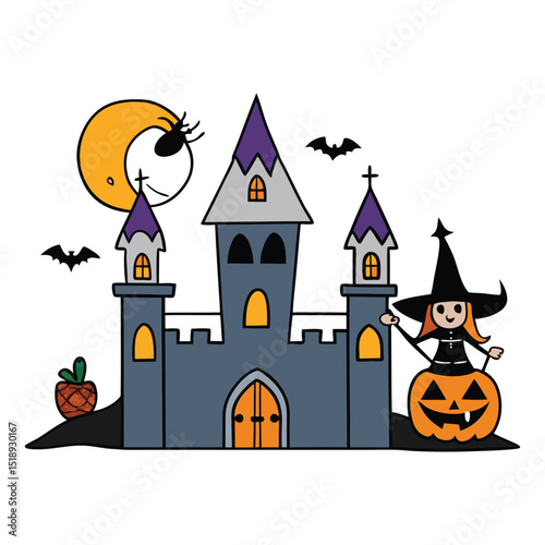A haunted Dracula castle looms under a full moon, guarded by a wicked witch casting spells—perfectly eerie for a spooky Halloween night!
