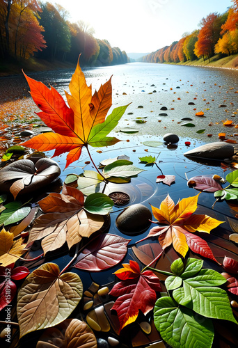 Autumn Leaves Floating on a Serene River