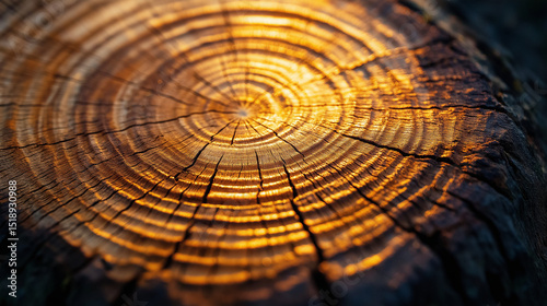Close-up of tree rings in warm golden sunlight, revealing detailed annual growth patterns and natural textures, ideal for nature or background use. photo