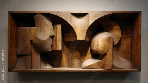 monumental figure visualization for parks | archetypal body | protective calm | wood and ochre blend | axial tension | mother and child | pierced torso forms | direct carving | post-war contemplation photo