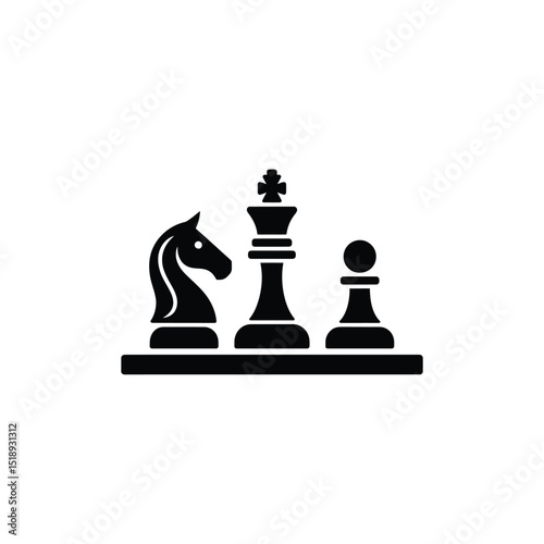 Black Chess Pieces Knight, King, and Pawn on a White Background, Flat Design