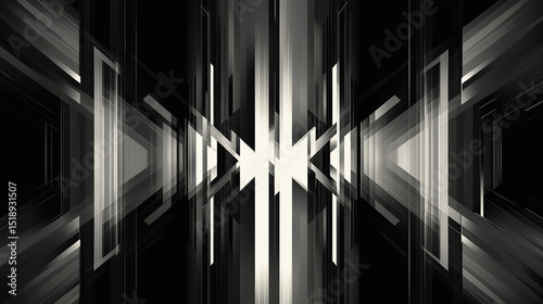 Futuristic black and white geometric symmetry with high contrast and glowing white center lines  creating a modern and energetic background.