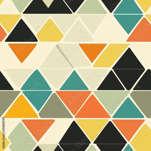 Seamless retro geometric triangle pattern in pastel and bold colors, ideal for backgrounds, textiles, wallpapers, and modern designs.