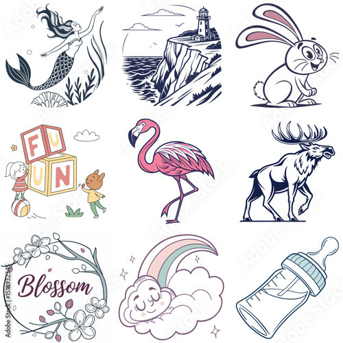 Collection of Nine Cartoon Illustrations Featuring Animals Nature and Childhood Themes