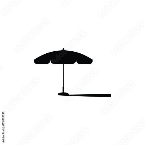 Black Silhouette of a Beach Umbrella with a Long Shadow on a White Background