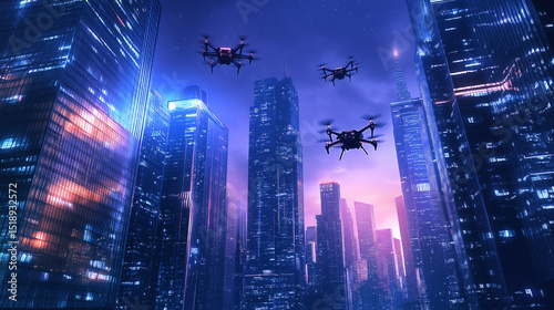 Futuristic city skyline at night with drones flying among skyscrapers, blue and purple neon lights, ideal for smart city and sci-fi technology themes.